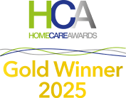 Home Care Awards 2025 Gold Winner logo – 1st Homecare voted Most Outstanding Regional Home Care Group serving Bedfordshire, Hertfordshire and Oxfordshire and Live in care all across the UK
