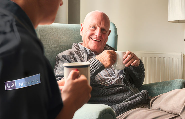 Carer with elderly man Home Care in Oxford. Home Care in Leighton Buzzard. Home Care in Kings Langley. Home Care in The Chilterns